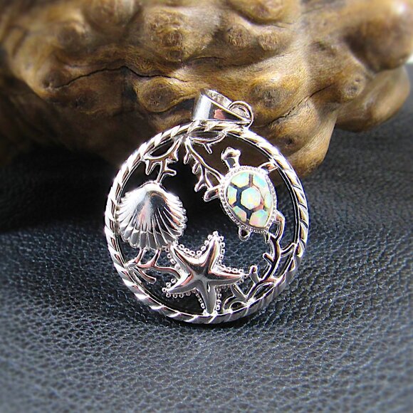 Solid 925 Sterling Silver Opal Sea Life Pendant - Blue or White Opal Gemstone - Picture 3 of 8